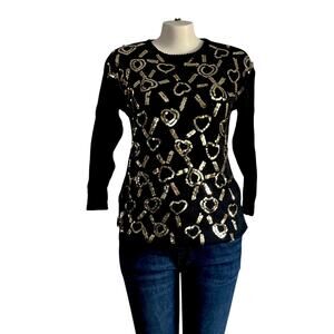 Vintage 90s Black Gold Sequin Tunic Sweater: Goldtone Heart Sequins, Kathie Lee.